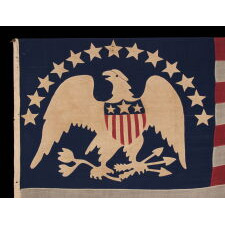 13 STAR ANTIQUE AMERICAN FLAG WITH A BROAD, ARCHED FORMATION OF HAND-SEWN, SINGLE-APPLIQUÉD STARS, ARCH ABOVE A BEAUTIFULLY HAND-SEWN FEDERAL EAGLE, ATTRIBUTED TO FLAG-MAKER SARAH McFADDEN – “NEW YORK’S BETSY ROSS” – AT 198 HUDSON STREET IN MANHATTAN, circa 1870-1880; EXHIBITED AT THE MUSEUM OF THE AMERICAN REVOLUTION FROM JUNE – JULY, 2019
