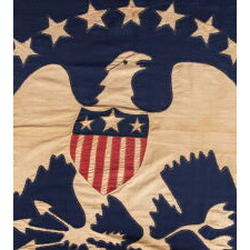 13 STAR ANTIQUE AMERICAN FLAG WITH A BROAD, ARCHED FORMATION OF HAND-SEWN, SINGLE-APPLIQUÉD STARS, ARCH ABOVE A BEAUTIFULLY HAND-SEWN FEDERAL EAGLE, ATTRIBUTED TO FLAG-MAKER SARAH McFADDEN – “NEW YORK’S BETSY ROSS” – AT 198 HUDSON STREET IN MANHATTAN, circa 1870-1880; EXHIBITED AT THE MUSEUM OF THE AMERICAN REVOLUTION FROM JUNE – JULY, 2019