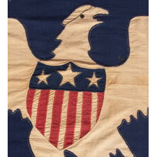 13 STAR ANTIQUE AMERICAN FLAG WITH A BROAD, ARCHED FORMATION OF HAND-SEWN, SINGLE-APPLIQUÉD STARS, ARCH ABOVE A BEAUTIFULLY HAND-SEWN FEDERAL EAGLE, ATTRIBUTED TO FLAG-MAKER SARAH McFADDEN – “NEW YORK’S BETSY ROSS” – AT 198 HUDSON STREET IN MANHATTAN, circa 1870-1880; EXHIBITED AT THE MUSEUM OF THE AMERICAN REVOLUTION FROM JUNE – JULY, 2019