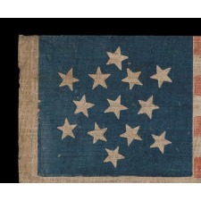 13 STARS ARRANGED IN 6-POINTED GREAT STAR / STAR OF DAVID PATTERN, A RARE AND PARTICULARLY EARLY EXAMPLE AMONG PARADE FLAGS IN THIS STAR COUNT, PROBABLY MADE FOR POLITICAL CAMPAIGNING, CA 1848-1860