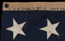 13 STARS U.S. NAVY SMALL BOAT ENSIGN, MADE AT THE BROOKLYN NAVY YARD IN NEW YORK CITY, DATED 1904