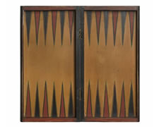 PAINT-DECORATED, BOOK-BOX STYLE, FOLDING BACKGAMMON BOARD, MUSTARD, PERSIMMON RED, & BLACK WITH FLORAL DECORATION, ca 1880