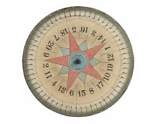 IMPRESSIVE TWO-SIDED GAME WHEEL WITH RED & BLUE STARS, ca 1910