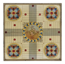 MASTERPIECE QUALITY AMERICAN GAMEBOARD WITH FANCIFULLY PAINTED CHERUBS, CA 1870