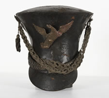 AMERICAN MILITARY BELL CROWN SHAKO OR "TAR BUCKET" CAP, 1821-1830, FOUND IN A HOUSE IN CHAMBERSBURG, PENNSYLVANIA