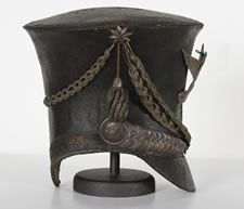 AMERICAN MILITARY BELL CROWN SHAKO OR "TAR BUCKET" CAP, 1821-1830, FOUND IN A HOUSE IN CHAMBERSBURG, PENNSYLVANIA