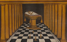 RARE MASONIC TRACING BOARD OF EXQUISITE QUALITY, IN A DESIGN MODELED AFTER THAT OF MASTER-ENGRAVER THOMAS KENSETT, PAINTED IN OIL ON CANVAS, LAID OVER WIDE, hand-PLANED, POPLAR planks, discovered in OHIO/KENTUCKY, CA 1815-1840