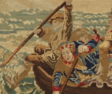 MAGNIFICENT NEEDLEWORK RENDERING OF EMANUEL GOTTLIEB LEUTZE'S PAINTING OF WASHINGTON CROSSING THE DELAWARE, IN ITS ORIGINAL FRAME WITH REVERSE-PAINTED AND GILDED GLASS, SIGNED AND DATED 1865