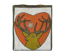AMERICAN INDIAN BEADWORK MAIL POUCH WITH IMAGE OF AN ELK/STAG, CA 1880-90, NEZ PERCE, PACIFIC NORTHWEST.  THE PAINT DECORATED AND VENEERED MOLDING IS CA 1830-50