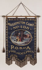 ELABORATE SILK BANNER WITH GILDED TEXT, SPECTACULAR BULLION TRIM, AND A BEAUTIFULLY PAINTED RENDITION OF GEORGE WASHINGTON'S FAMOUS "PRAYER AT VALLEY FORGE", MADE FOR THE PATRIOTIC ORDER SONS OF AMERICA, PHILADELPHIA, 1901, BY LOUIS E. STILZ & BRO.