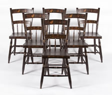 SET OF 6 PLANK-SEATED, HALF-SPINDLE-BACK, PAINT-DECORATED, PENNSYLVANIA CHAIRS, 1845-1865