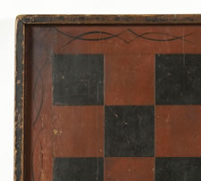 LARGE SCALE, PAINT-DECORATED CHECKERS & DRAUGHTS GAME BOARD IN OXBLOOD RED PAINT, AMERICAN, CA 1840
