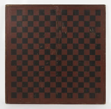 LARGE SCALE, PAINT-DECORATED CHECKERS & DRAUGHTS GAME BOARD IN OXBLOOD RED PAINT, AMERICAN, CA 1840
