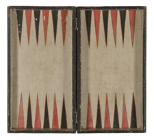 PAINT-DECORATED, BOOK-BOX STYLE, FOLDING BACKGAMMON BOARD IN RED, WHITE, AND BLACK, ca 1885