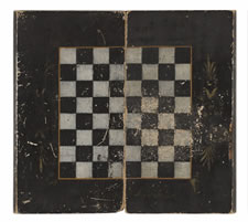 PAINT-DECORATED, BOOK-BOX STYLE, FOLDING BACKGAMMON BOARD IN RED, WHITE, AND BLACK, ca 1885