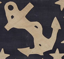 13 STAR PRIVATE YACHT FLAG, A SCARCE AND DESIRABLE EXAMPLE WITH SINGLE-APPLIQUED, HAND-SEWN STARS AND ANCHOR, MADE BY ANNIN IN NEW YORK CITY, CA 1865-1890