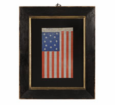 ANTIQUE AMERICAN FLAG WITH 13 STARS IN A MEDALLION CONFIGURATION, CHROMATIC BLUE & ORANGE , A RARE EXAMPLE, OPENING YEARS OF THE CIVIL WAR (1861-63)