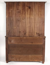PENNSYLVANIA OR OHIO DUTCH CUPBOARD IN CHERRY, ON MILK BOTTLE FEET, WITH A STRONG, TOMATO RED WASH, BLUE PAINTED INTERIOR, AND INDLAID KNOBS, CA 1835