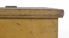 CANTED-FRONT, FLAT-TOP, PENNSYLVANIA GRAIN BIN IN MUSTARD PAINT, CA 1840