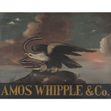 EARLY 19TH CENTURY OIL ON CANVAS PAINTED TRADE SIGN WITH AMERICAN EAGLE, CA 1830
