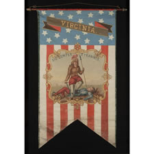 HAND-PAINTED PATRIOTIC BANNER WITH THE SEAL OF THE STATE OF VIRGINIA, PROBABLY MADE FOR THE 1868 DEMOCRAT NATIONAL CONVENTION IN NEW YORK CITY