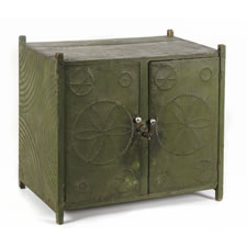 PENNSYLVANIA HANGING PIE SAFE IN OLIVE GREEN PAINT WITH HEX SYMBOL PUNCHING, 1840-70