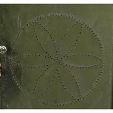 PENNSYLVANIA HANGING PIE SAFE IN OLIVE GREEN PAINT WITH HEX SYMBOL PUNCHING, 1840-70
