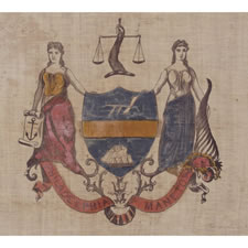 EARLY FLAG OF PHILADELPHIA, PROBABLY 1874-1876, PRINTED ON A WOOL & COTTON BLENDED FABRIC AND HAND-COLORED, EXTREMELY RARE