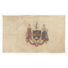 EARLY FLAG OF PHILADELPHIA, PROBABLY 1874-1876, PRINTED ON A WOOL & COTTON BLENDED FABRIC AND HAND-COLORED, EXTREMELY RARE