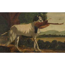 AMERICAN FOLK PAINTING OF A GUN DOG WITH A PHEASANT, 1840-70