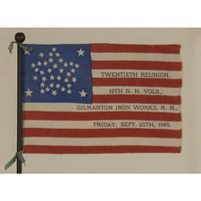 38 STAR ANTIQUE FLAG WITH A RARE AND BEAUTIFUL VARIATION OF THE "GREAT STAR" OR "GREAT LUMINARY" PATTERN, AN EXAMPLE OF EXTRAORDINARY QUALITY, MADE BY R.W. MUSGROVE IN BRISTOL, NEW HAMPSHIRE FOR AN 1885 REUNION OF THE 12th NH VOLUNTEERS