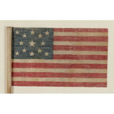 13 STARS IN A MEDALLION PATTERN ON AN ANTIQUE AMERICAN FLAG MADE FOR THE 1876 CENTENNIAL CELEBRATION
