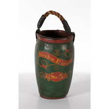 PAINTED FIRE BUCKET WITH BOLD COLORS, PROBABLY MECHANICSBURG, PENNSYLVANIA, ca 1810-30