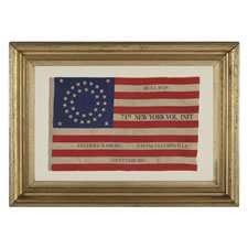35 STARS IN A DOUBLE WREATH PATTERN ON A CIVIL WAR VETERAN'S FLAG WITH OVERPRINTED BATTLE HONORS OF THE NEW YORK 71ST VOLUNTEER INFANTRY