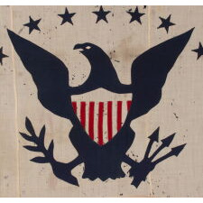 LATE 19th CENTURY FLAG OF THE REVENUE MARINE (a.k.a., REVENUE CUTTER SERVICE), WITH A BLUE EAGLE AMID AN ARCH OF 13 BLUE STARS, ON A WHITE CANTON, AND 16 RED & WHITE, VERTICAL STRIPES, MADE circa 1885-1895