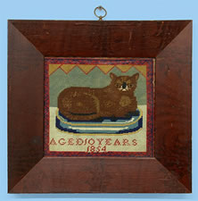 NEEDLEWORK-SAMPLER PICTURE OF A CAT BY A 10-YEAR OLD GIRL, 1854