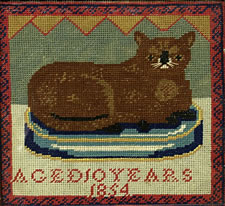 NEEDLEWORK-SAMPLER PICTURE OF A CAT BY A 10-YEAR OLD GIRL, 1854