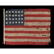 24 STAR ANTIQUE AMERICAN FLAG, MADE IN THE PERIOD WHEN MISSOURI WAS THE MOST RECENT STATE TO JOIN THE UNION, 1821-1836, EXTRAORDINARILY RARE, WITH ITS CANTON RESTING ON THE “WAR STRIPE” OR “BLOOD STRIPE," AND IN A REMARKABLY TINY SCALE AMONG FLAGS OF THIS ERA