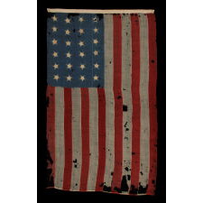 24 STAR ANTIQUE AMERICAN FLAG, MADE IN THE PERIOD WHEN MISSOURI WAS THE MOST RECENT STATE TO JOIN THE UNION, 1821-1836; AN EXTREMELY RARE STAR COUNT; EXPERTLY SEWN, BUT WITH HIGHLY UNUSUAL, SINGLE-APPLIQUED STARS THAT EXPOSE A PECULIARLY SMALL WINDOW ON THE REVERSE; EXHIBITED JUNE- SEPTEMBER, 2021 AT THE MUSEUM OF THE AMERICAN REVOLUTION
