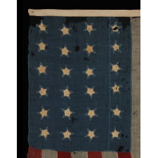 24 STAR ANTIQUE AMERICAN FLAG, MADE IN THE PERIOD WHEN MISSOURI WAS THE MOST RECENT STATE TO JOIN THE UNION, 1821-1836; AN EXTREMELY RARE STAR COUNT; EXPERTLY SEWN, BUT WITH HIGHLY UNUSUAL, SINGLE-APPLIQUED STARS THAT EXPOSE A PECULIARLY SMALL WINDOW ON THE REVERSE; EXHIBITED JUNE- SEPTEMBER, 2021 AT THE MUSEUM OF THE AMERICAN REVOLUTION