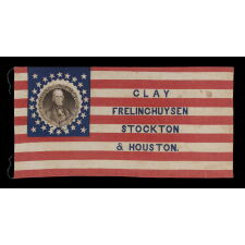 26 STAR AMERICAN PARADE FLAG, MADE FOR THE 1844 PRESIDENTIAL CAMPAIGN OF HENRY CLAY AND THEODORE FRELINGHUYSEN, WITH CLAY’S PORTRAIT SET WITHIN AN OAK LEAF & GEAR COG MEDALLION AND THE RARE PRESENCE OF SUCCESSFUL DELAWARE COATTAIL CANDIDATES STOCKTON & HOUSTON