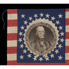 26 STAR AMERICAN PARADE FLAG, MADE FOR THE 1844 PRESIDENTIAL CAMPAIGN OF HENRY CLAY AND THEODORE FRELINGHUYSEN, WITH CLAY’S PORTRAIT SET WITHIN AN OAK LEAF & GEAR COG MEDALLION AND THE RARE PRESENCE OF SUCCESSFUL DELAWARE COATTAIL CANDIDATES STOCKTON & HOUSTON