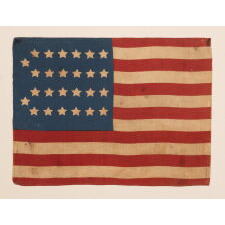 26 STAR ANTIQUE AMERICAN PARADE FLAG WITH 11 STRIPES AND IT’S CANTON RESTING ON THE “WAR STRIPE.” THE EARLIEST KNOWN STAR COUNT FOR PRINTED EXAMPLES, 1837-1846, MICHIGAN STATEHOOD