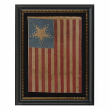 31 STARS AND 17 STRIPES, THE ONLY KNOWN EXAMPLE IN THIS STYLE WITH A "GREAT STAR" PATTERN THAT CONTAINS A GIGANTIC CENTER STAR AND 17 STRIPES, PROBABLY MADE WITH SOUTHERN SYMPATHIES, CANTON RESTING ON THE "BLOOD STRIPE", PRE-CIVIL WAR, CALIFORNIA STATEHOO