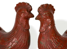 PAIR OF CAST IRON ROOSTERS IN SCARLET RED POLYCHROME PAINT, CA 1870-1890