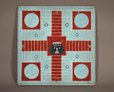 RED, WHITE, AND ROBIN'S EGG BLUE PARCHEESI BOARD WITH HOUSE