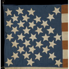 33 STARS, LATER UPDATED TO 35, WITH A RARE AND INTERESTING DIAMOND CONFIGURATION, ACCOMPANIED BY HAND-WRITTEN NOTES THAT RECORD IT AS HAVING BEEN FLOWN IN CELEBRATION OF WARTIME VICTORIES, AS WELL AS TO MOURN THE DEATH OF THREE PRESIDENTS; MADE IN 1861 BY MRS. JOHN DUNN OF MILES GROVE, PENNSYLVANIA (ERIE COUNTY)