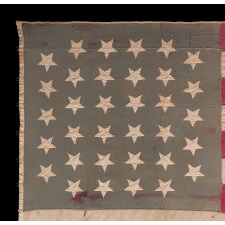 34 HAND-SEWN, UPSIDE-DOWN STARS ON A HOMEMADE, ANTIQUE AMERICAN FLAG WITH A VARIANT OF WHAT I HAVE CLASSIFIED AS A “GLOBAL” PATTERN, ON AN INTERESTING, SEAFOAM BLUE CANTON; REFLECTS KANSAS STATEHOOD, OPENING TWO YEARS OF THE CIVIL WAR, 1861-1863