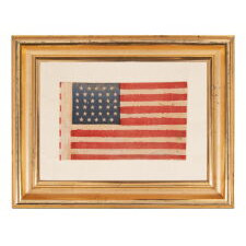 34 STAR ANTIQUE AMERICAN FLAG WITH A LINEAL ARRANGEMENT THAT I HAVE TERMED "GLOBAL ROWS, WITH EXCEPTIONAL COLOR AND CRUDE YET BEAUTIFUL FEATURES, OPENING TWO YEARS OF THE CIVIL WAR, 1861-63, KANSAS STATEHOOD