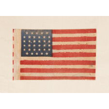 34 STAR ANTIQUE AMERICAN FLAG WITH A LINEAL ARRANGEMENT THAT I HAVE TERMED "GLOBAL ROWS, WITH EXCEPTIONAL COLOR AND CRUDE YET BEAUTIFUL FEATURES, OPENING TWO YEARS OF THE CIVIL WAR, 1861-63, KANSAS STATEHOOD